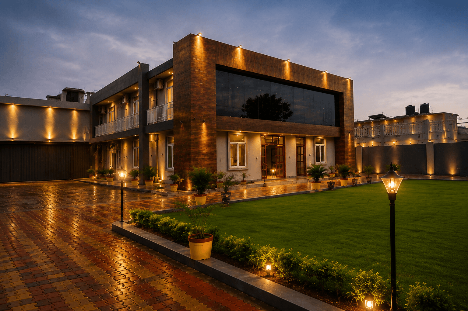 The City Crown Resort property and lawn at dusk, Giridih